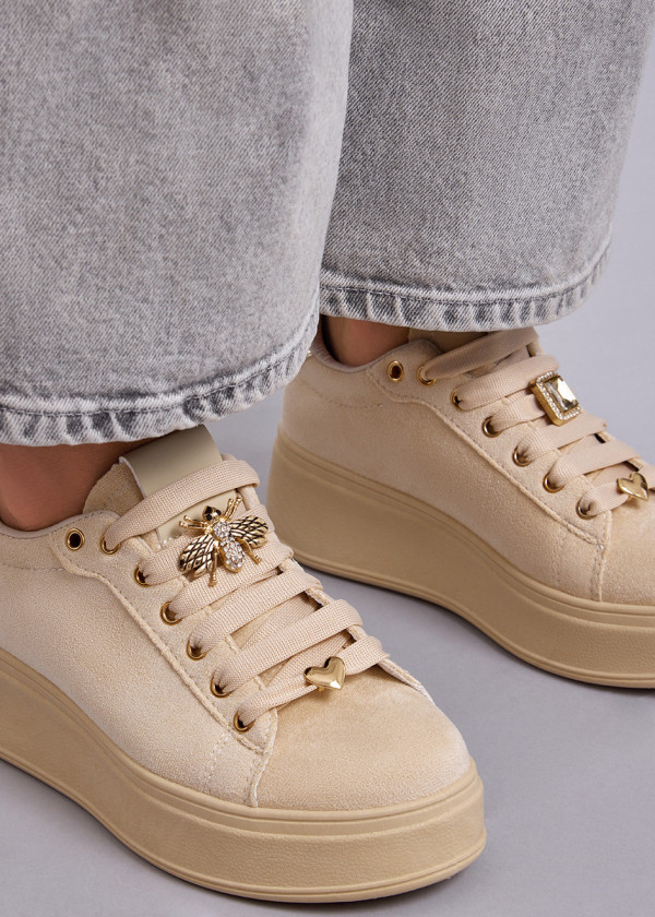 Beige bee-charm suede flatform sneakers 2