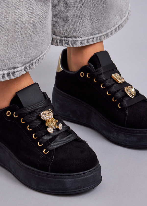 Black teddy-charm suede flatform sneaker 1