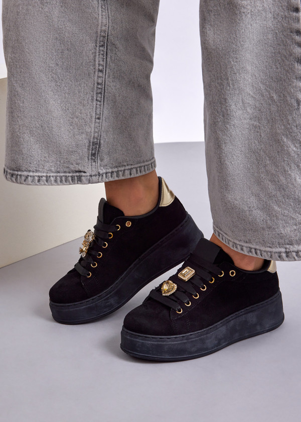 Black teddy-charm suede flatform sneaker 2