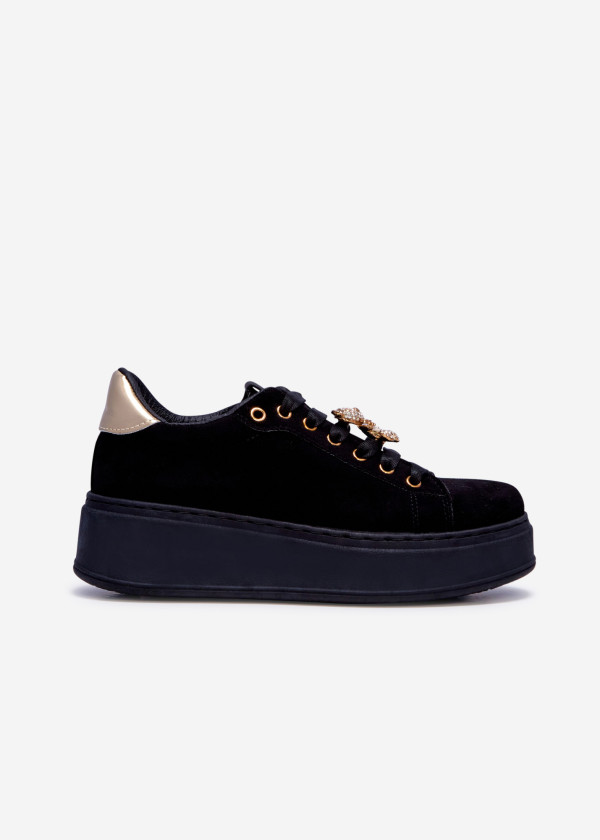 Black teddy-charm suede flatform sneaker 3