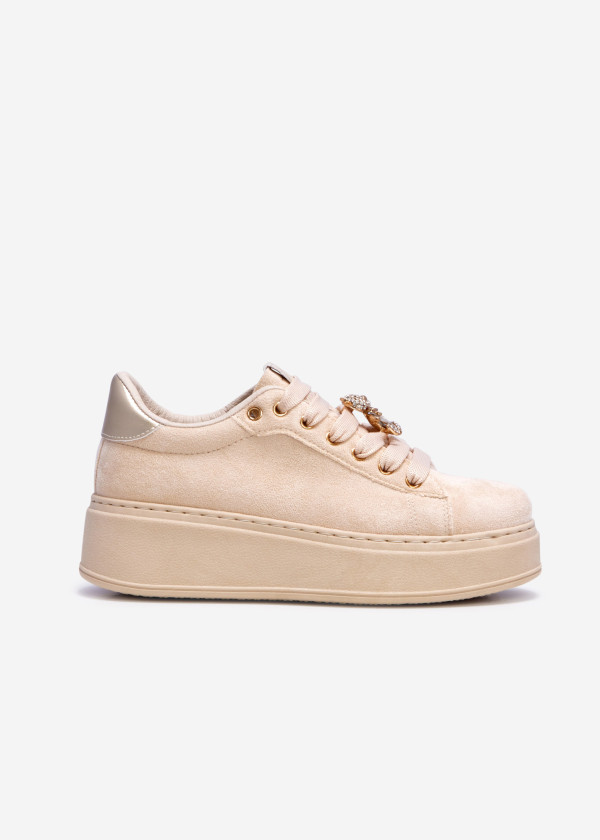 Beige teddy-charm suede flatform sneaker 3