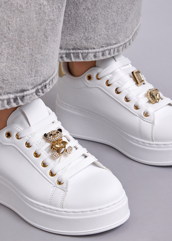 White teddy-charm suede flatform sneaker 1