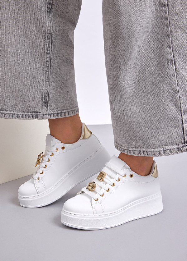 White teddy-charm suede flatform sneaker 2