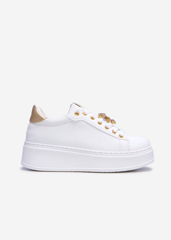 White teddy-charm suede flatform sneaker 3