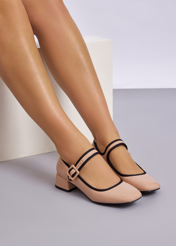 Beige patent block-heel Mary-Janes 2