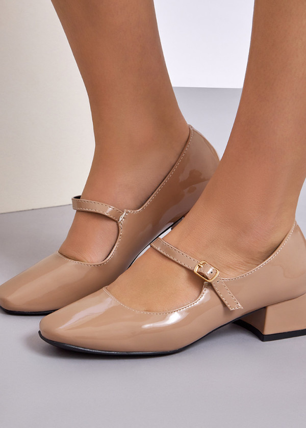 Beige block-heeled patent Mary-Janes 1