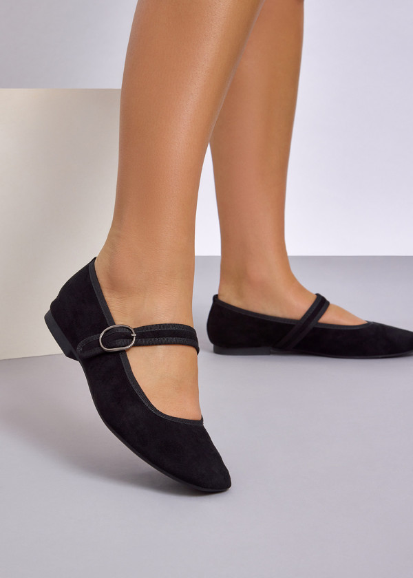 Black suede mary-jane flat pumps