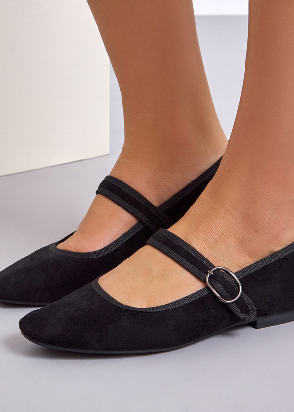 Black suede mary-jane flat pumps 2