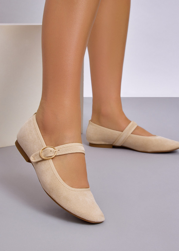 Beige suede mary-jane flat pumps 3