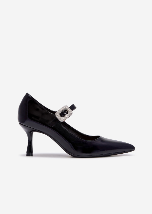 Black patent diamante buckle court shoe 3