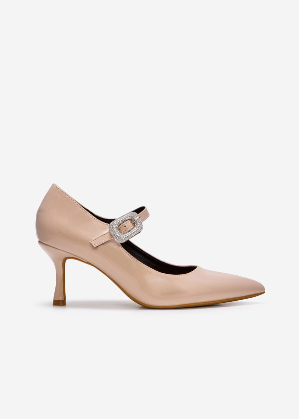 Beige patent diamante buckle court shoe 3