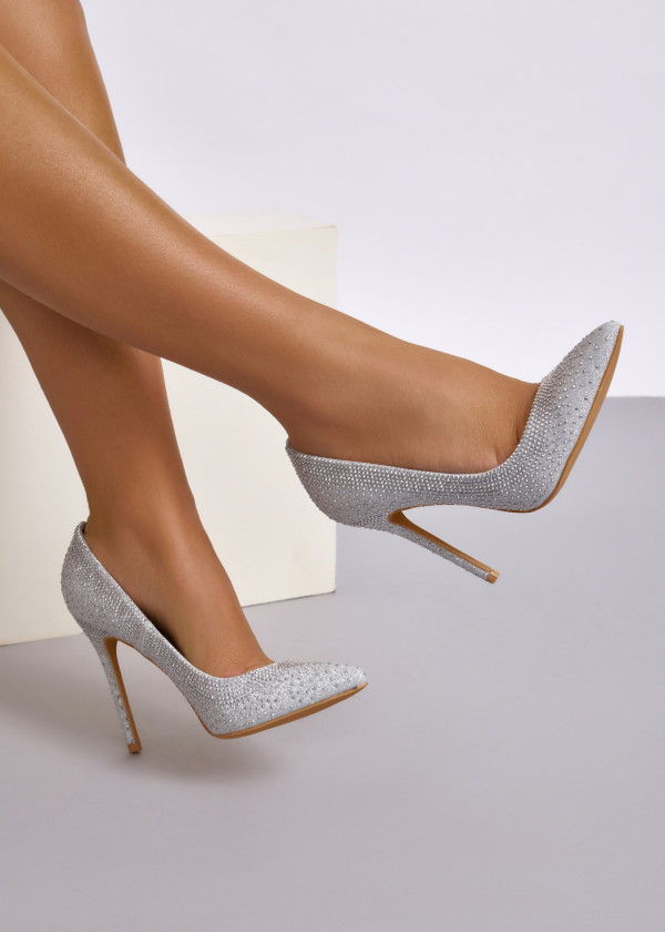 Silver glitter rhinestone embellished court shoe 2