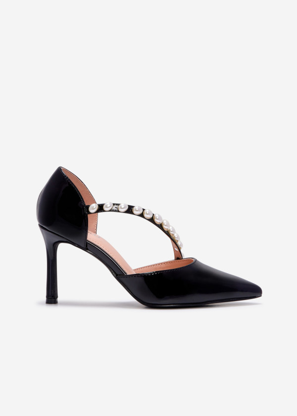 Black asymmetric pearl strap court shoes 3