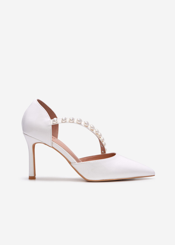 White asymmetric pearl strap court shoes 3