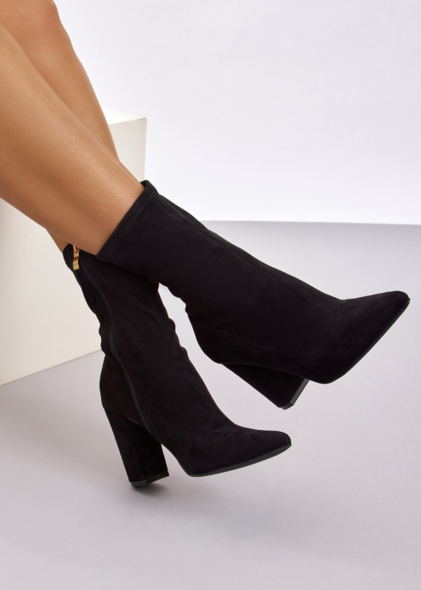 Black midi pointed toe high heeled boots 1