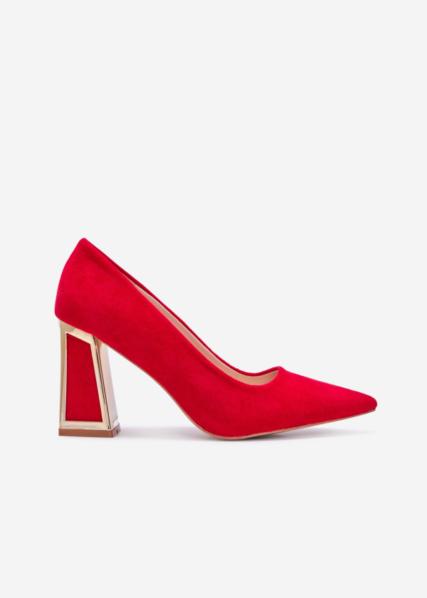 Red chrome accented block heel court shoe 3