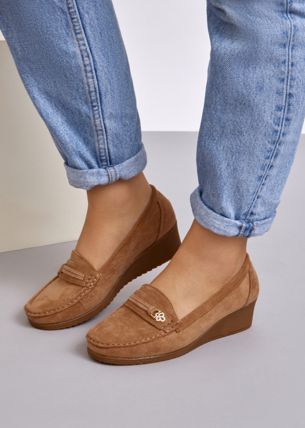 Khaki diamante charm low wedge loafer