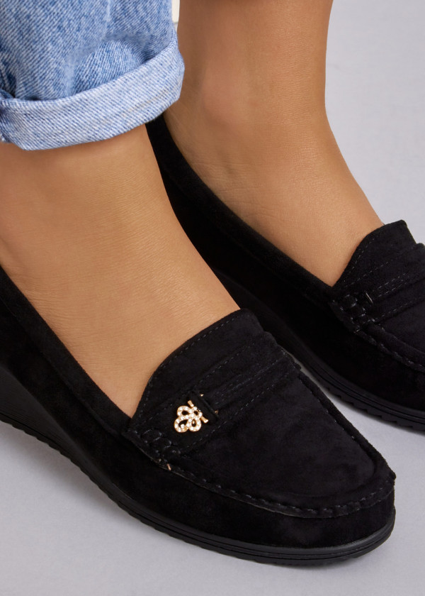 Black diamante charm low wedge loafer 2