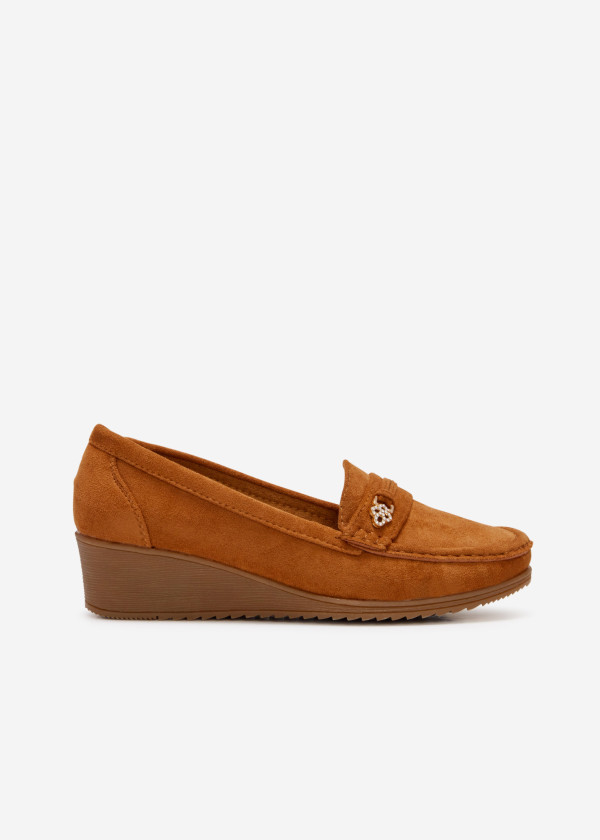 Tan diamante charm low wedge loafer 3