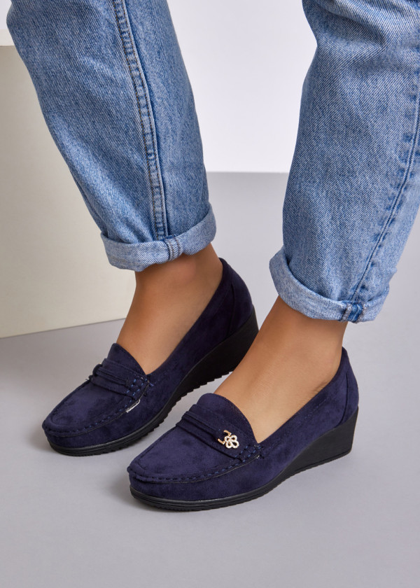 Navy diamante charm low wedge loafer