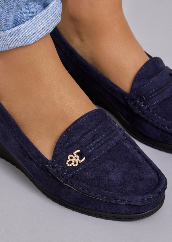 Navy diamante charm low wedge loafer 1