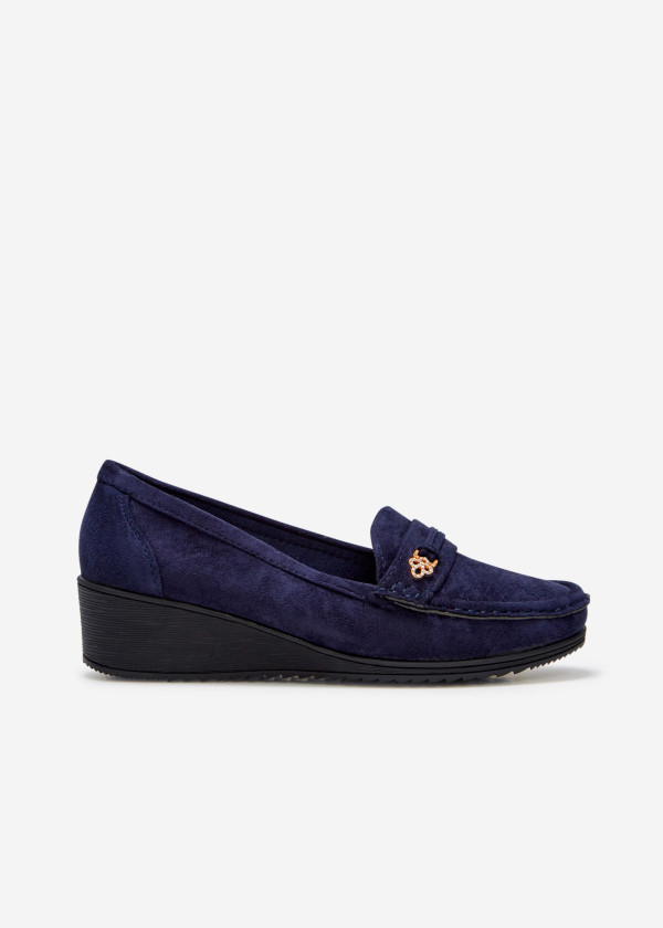 Navy diamante charm low wedge loafer 3