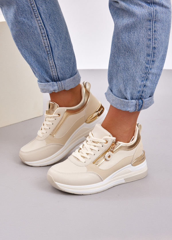 Beige metallic accent hidden wedge sneaker