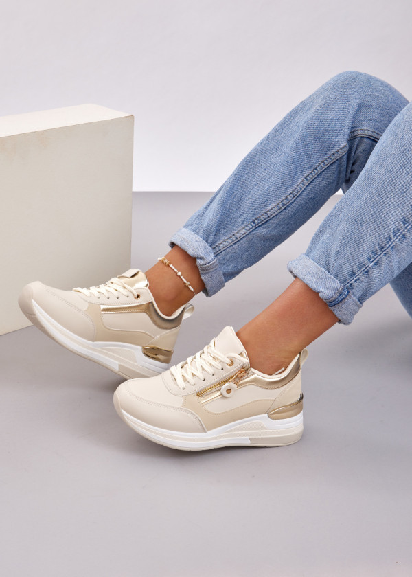 Beige metallic accent hidden wedge sneaker 2