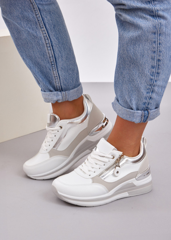 White metallic accent hidden wedge sneaker