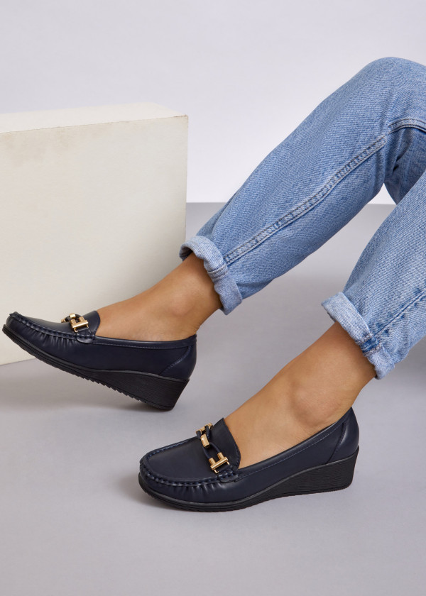 Navy gold hardware belt wedged loafer 1