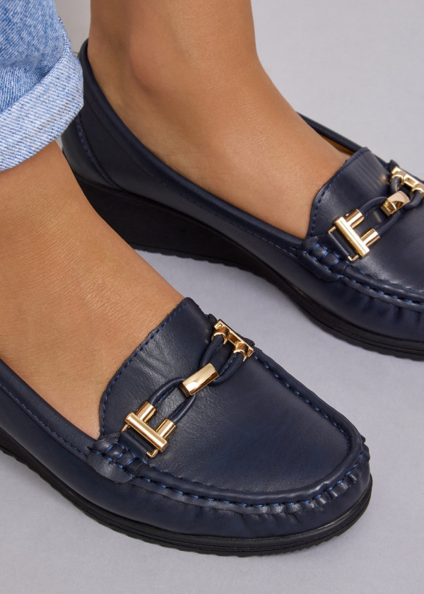 Navy gold hardware belt wedged loafer 2