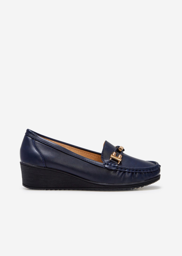 Navy gold hardware belt wedged loafer 3