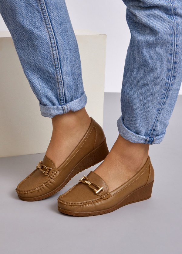 Khaki gold hardware belt wedged loafer