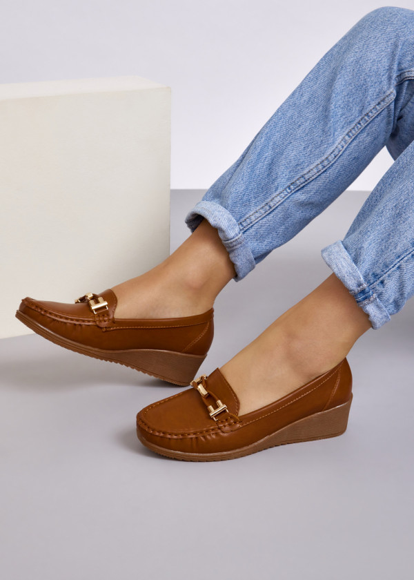 Tan gold hardware belt wedged loafer 1