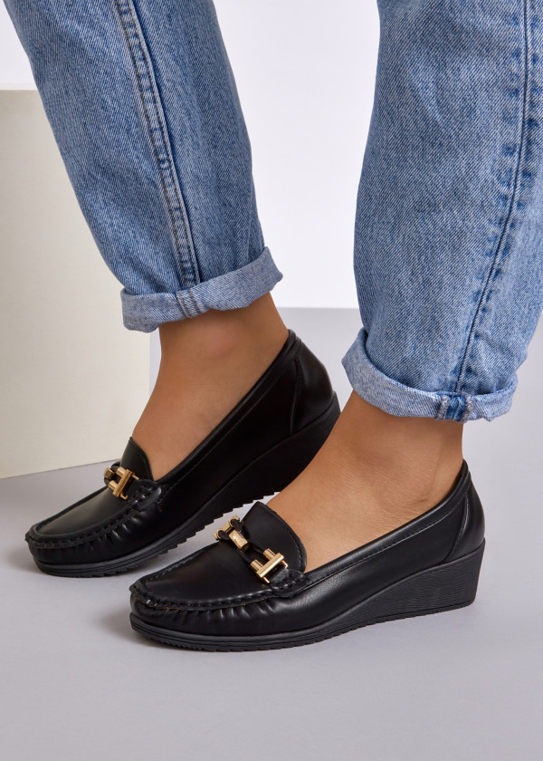 Black gold hardware belt wedged loafer