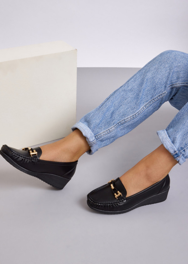 Black gold hardware belt wedged loafer 1