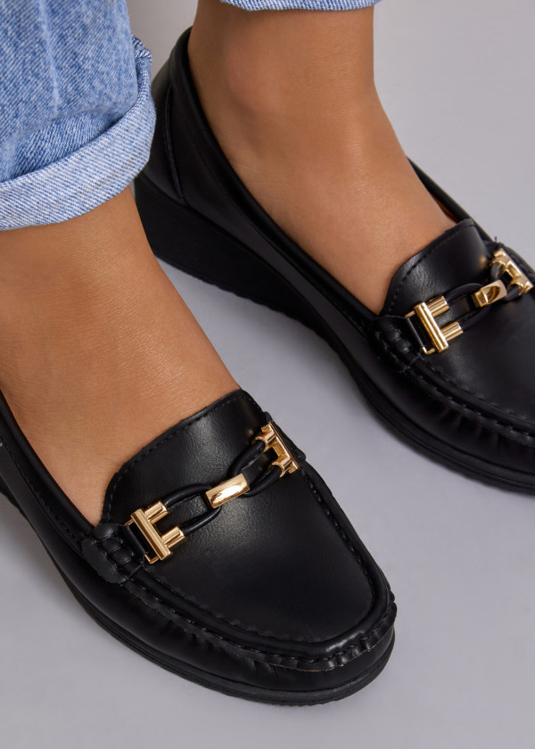 Black gold hardware belt wedged loafer 2