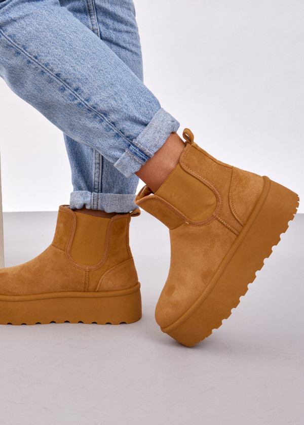 Tan cosy low rise flatform snow boot 1