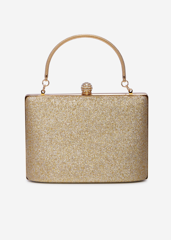 Gold handled glitter box clutch bag