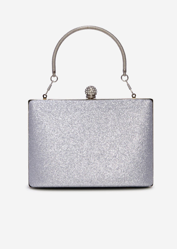 Silver handled glitter box clutch bag