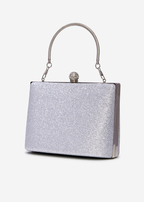 Silver handled glitter box clutch bag 1