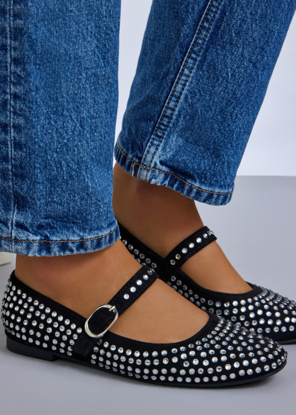 Black diamante embellished mary-jane flat pumps 1