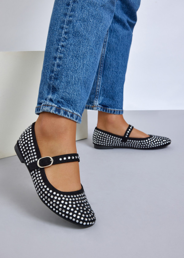 Black diamante embellished mary-jane flat pumps 2