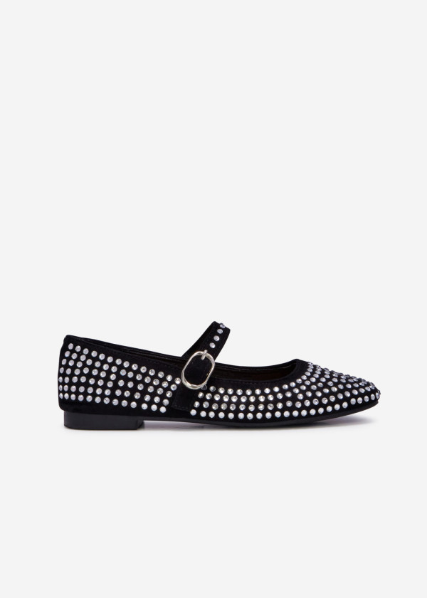 Black diamante embellished mary-jane flat pumps 3