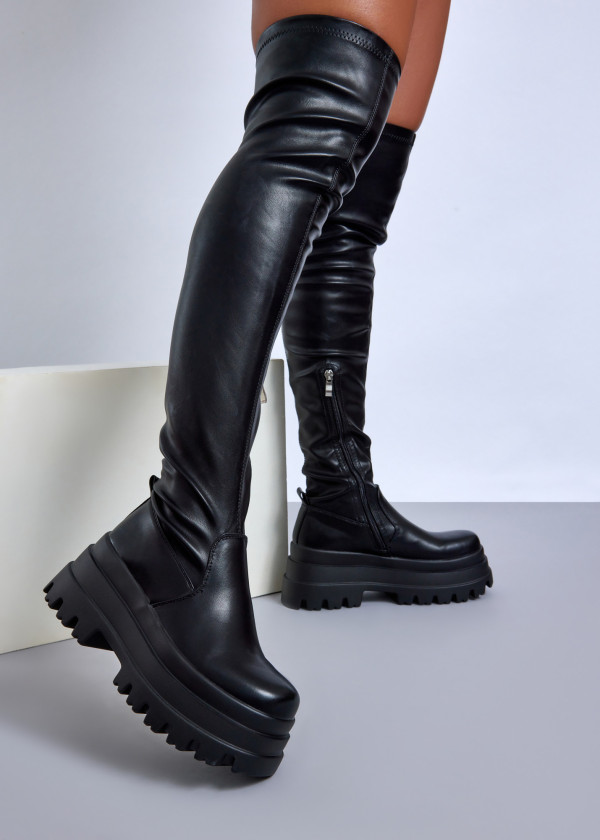 Black chunky flatform over the knee boots 1