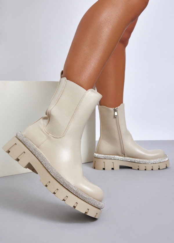 Beige chelsea boot with diamante-trimmed sole