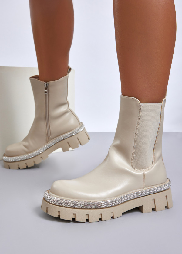 Beige chelsea boot with diamante-trimmed sole 1