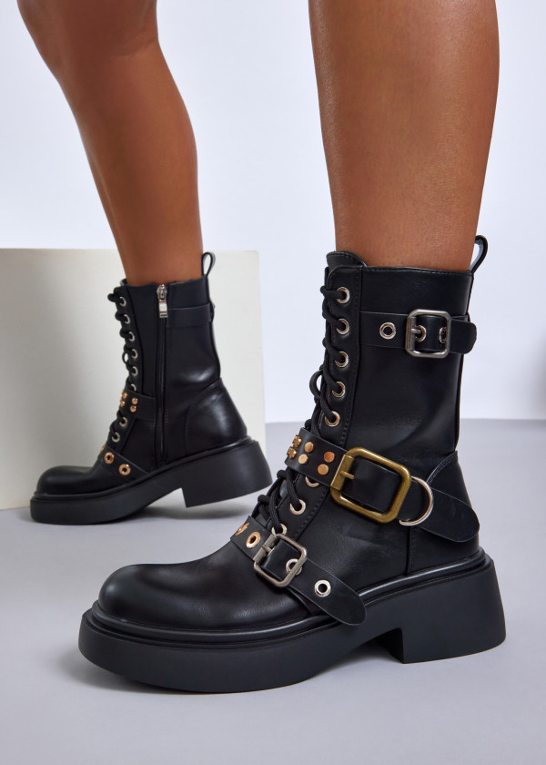 Black combat boots with double buckle detail Shoelace Women s Shoes Bags and Fashion