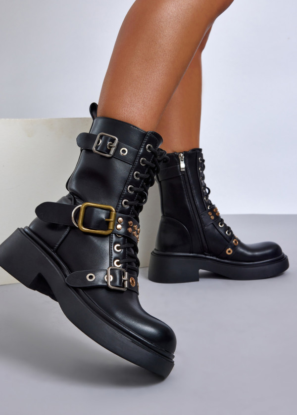 Black combat boots with mixed-metal buckles 1