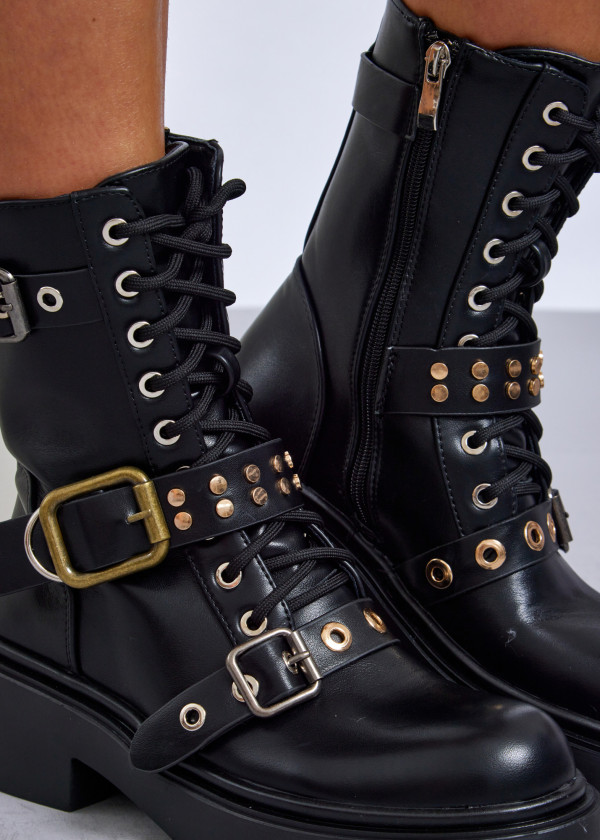 Black combat boots with mixed-metal buckles 2